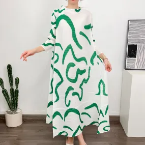 Miyake Pleated Printed O-Neck Maxi Dress