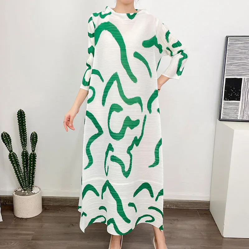 Miyake Pleated Printed O-Neck Maxi Dress