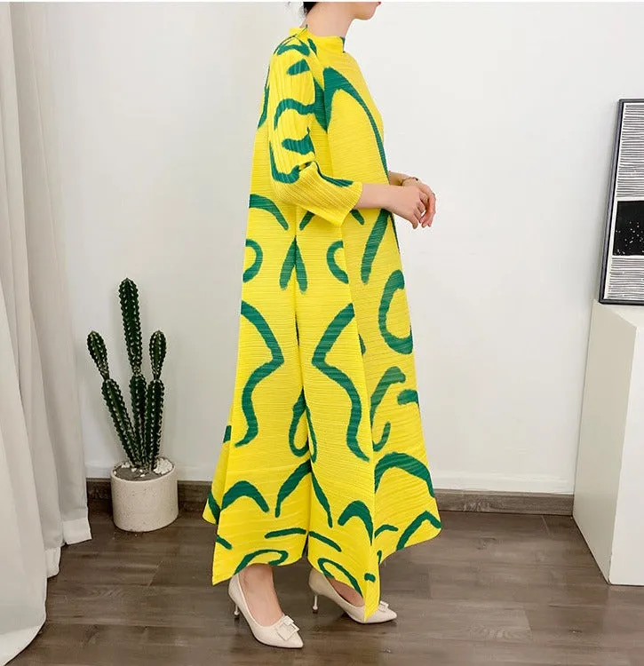 Miyake Pleated Printed O-Neck Maxi Dress