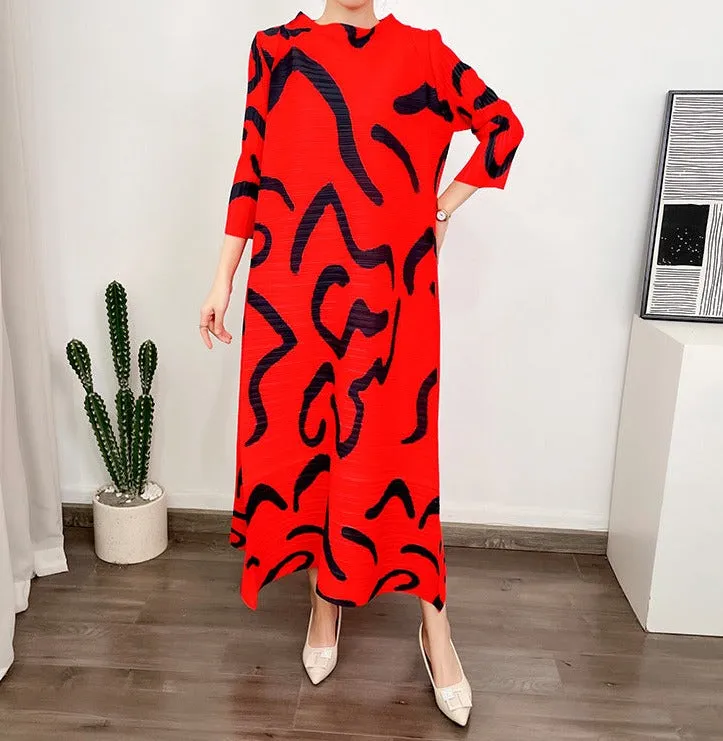 Miyake Pleated Printed O-Neck Maxi Dress