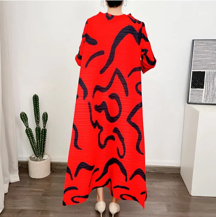 Miyake Pleated Printed O-Neck Maxi Dress