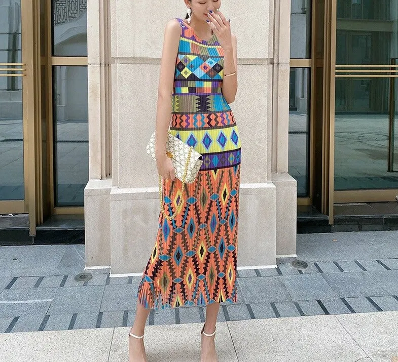 Miyake Pleated Printed Sleeveless Midi Dress