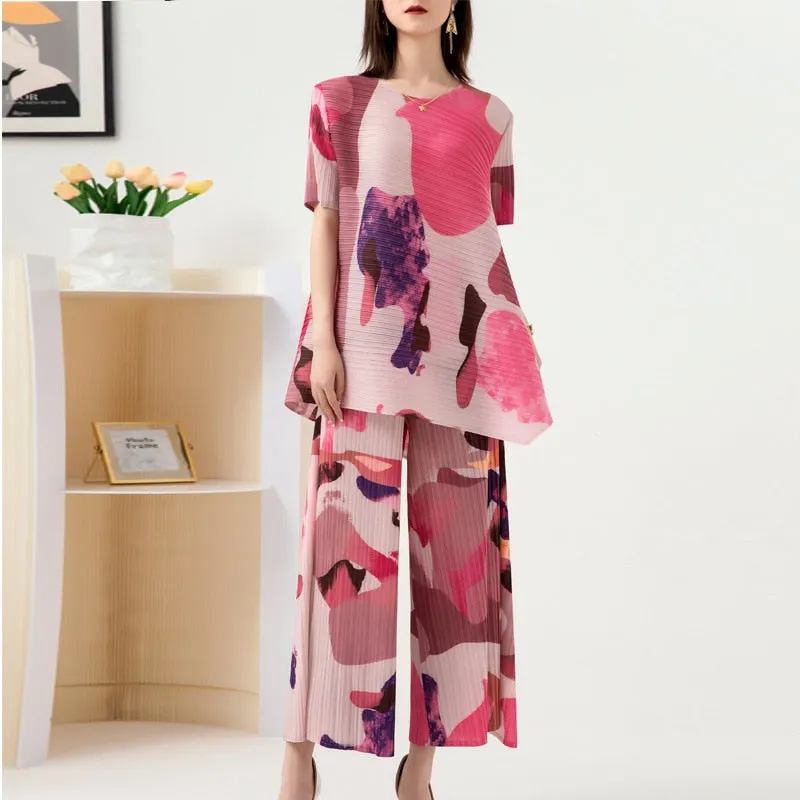 Miyake Pleated Printed Top & Wide Leg Pants Set