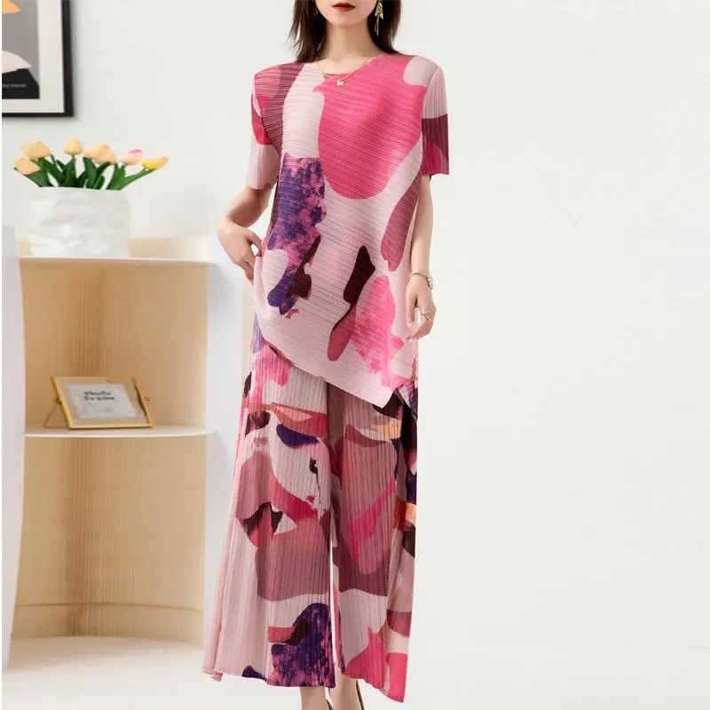 Miyake Pleated Printed Top & Wide Leg Pants Set