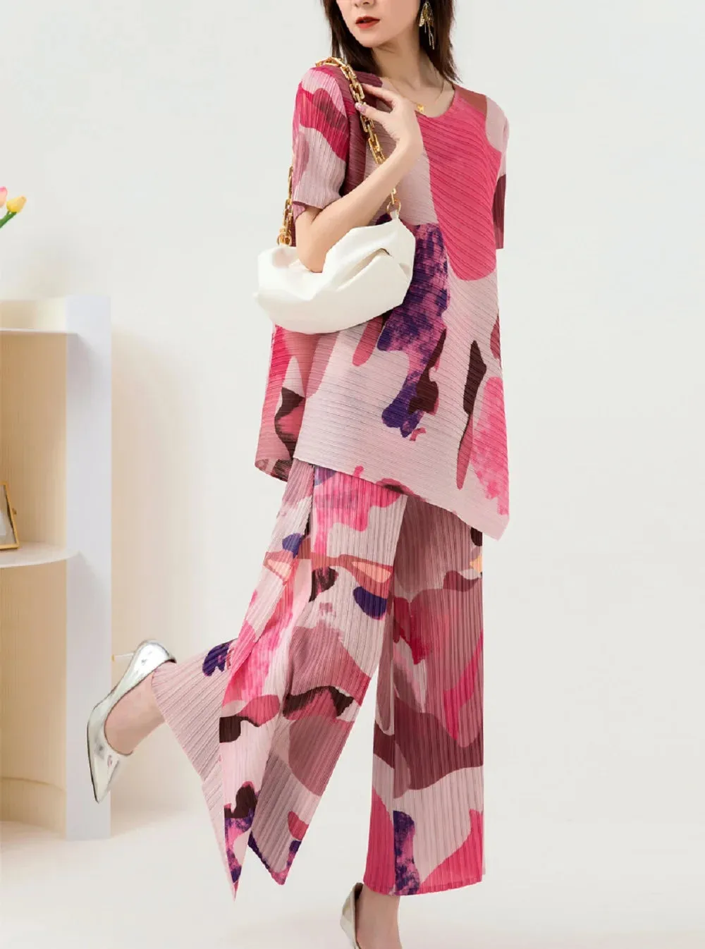 Miyake Pleated Printed Top & Wide Leg Pants Set