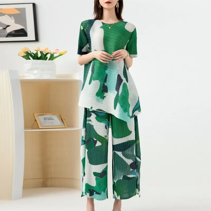 Miyake Pleated Printed Top & Wide Leg Pants Set