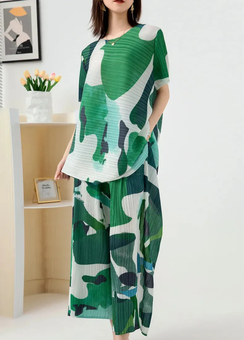 Miyake Pleated Printed Top & Wide Leg Pants Set