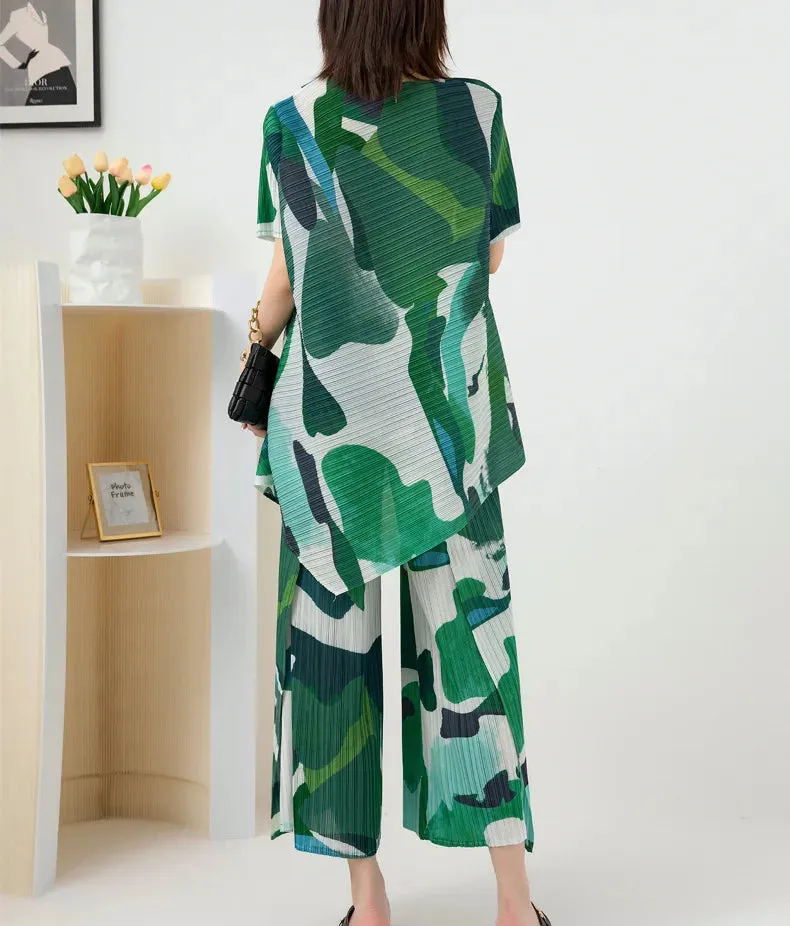 Miyake Pleated Printed Top & Wide Leg Pants Set