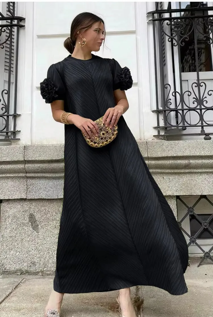 Miyake Pleated Ruffled Flower Maxi Dress