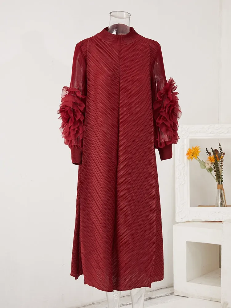 Miyake Pleated Ruffles Long Sleeve Maxi Dress