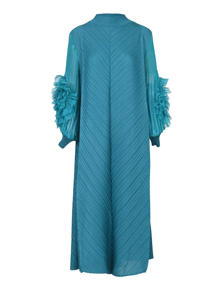 Miyake Pleated Ruffles Long Sleeve Maxi Dress