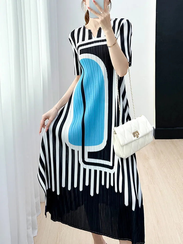 Miyake Pleated Striped A-Line Dress