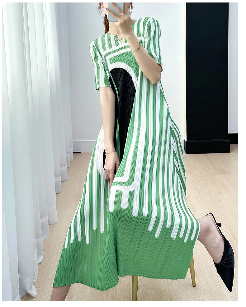 Miyake Pleated Striped A-Line Dress