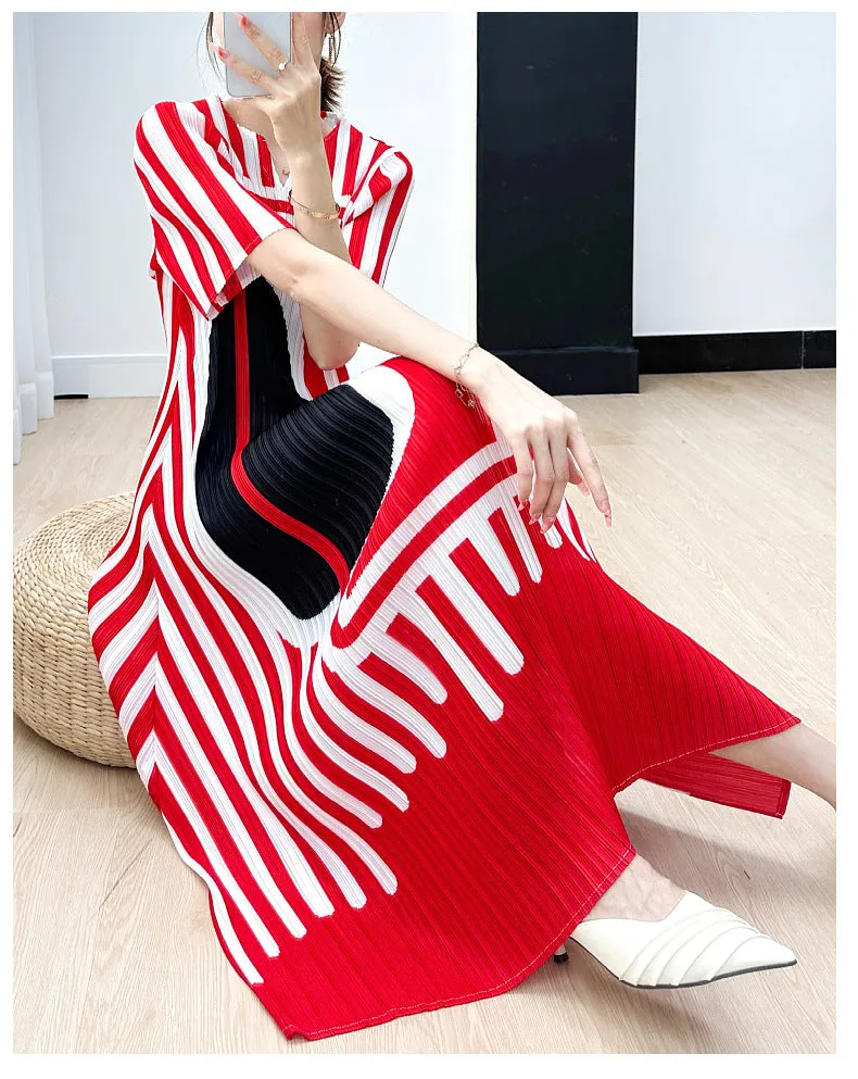 Miyake Pleated Striped A-Line Dress