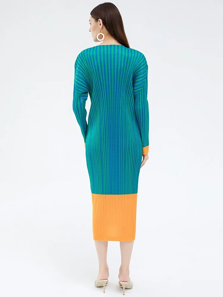 Miyake Pleated Striped Long Sleeves Midi Dress