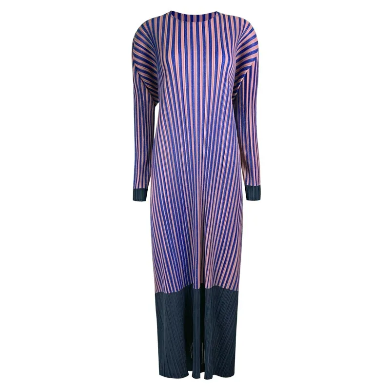 Miyake Pleated Striped Long Sleeves Midi Dress