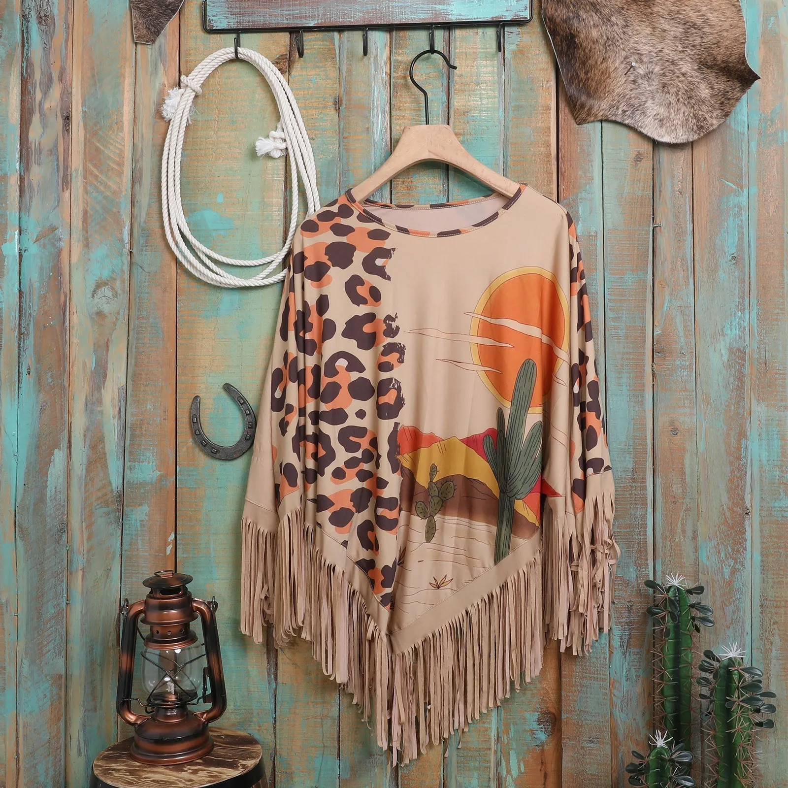 Montana West Leopard Desert Fringe Poncho