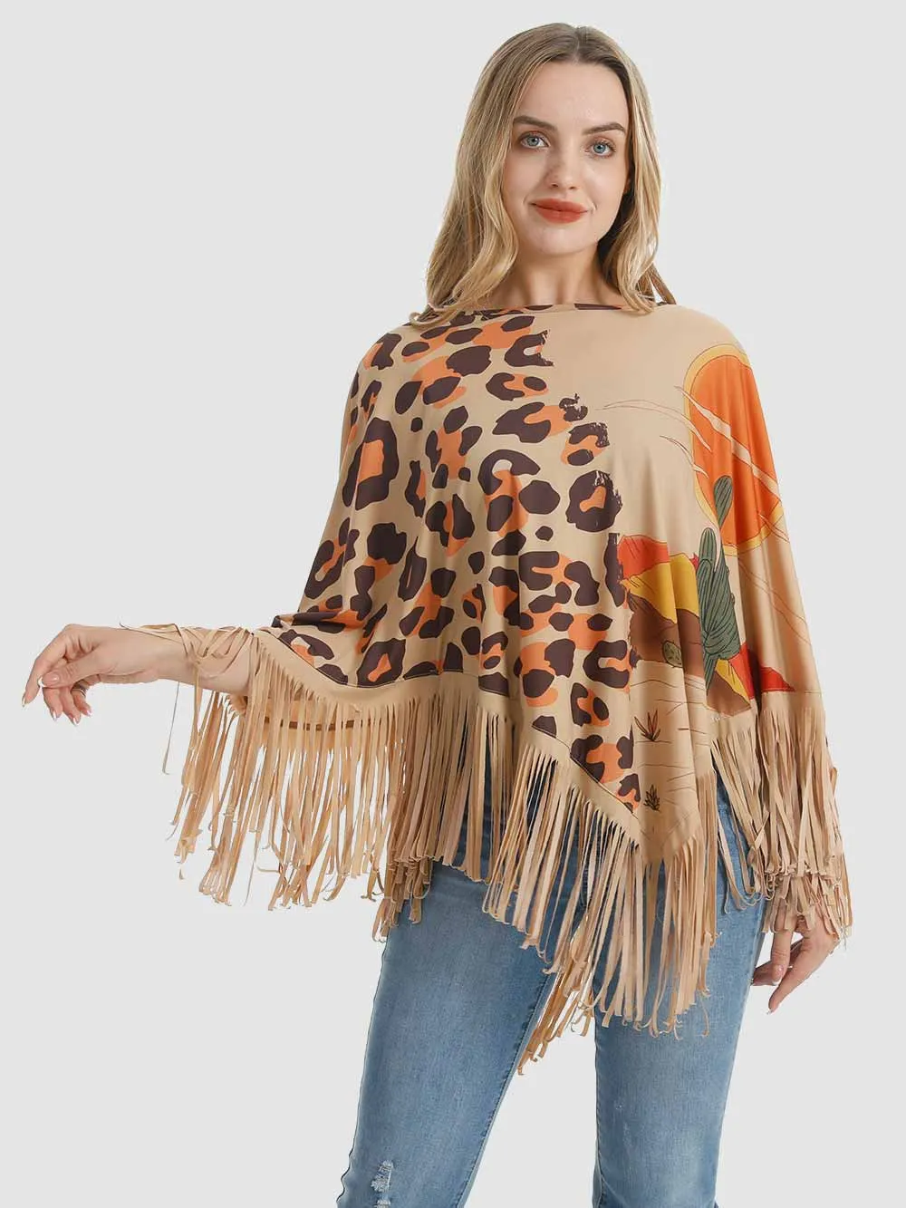 Montana West Leopard Desert Fringe Poncho