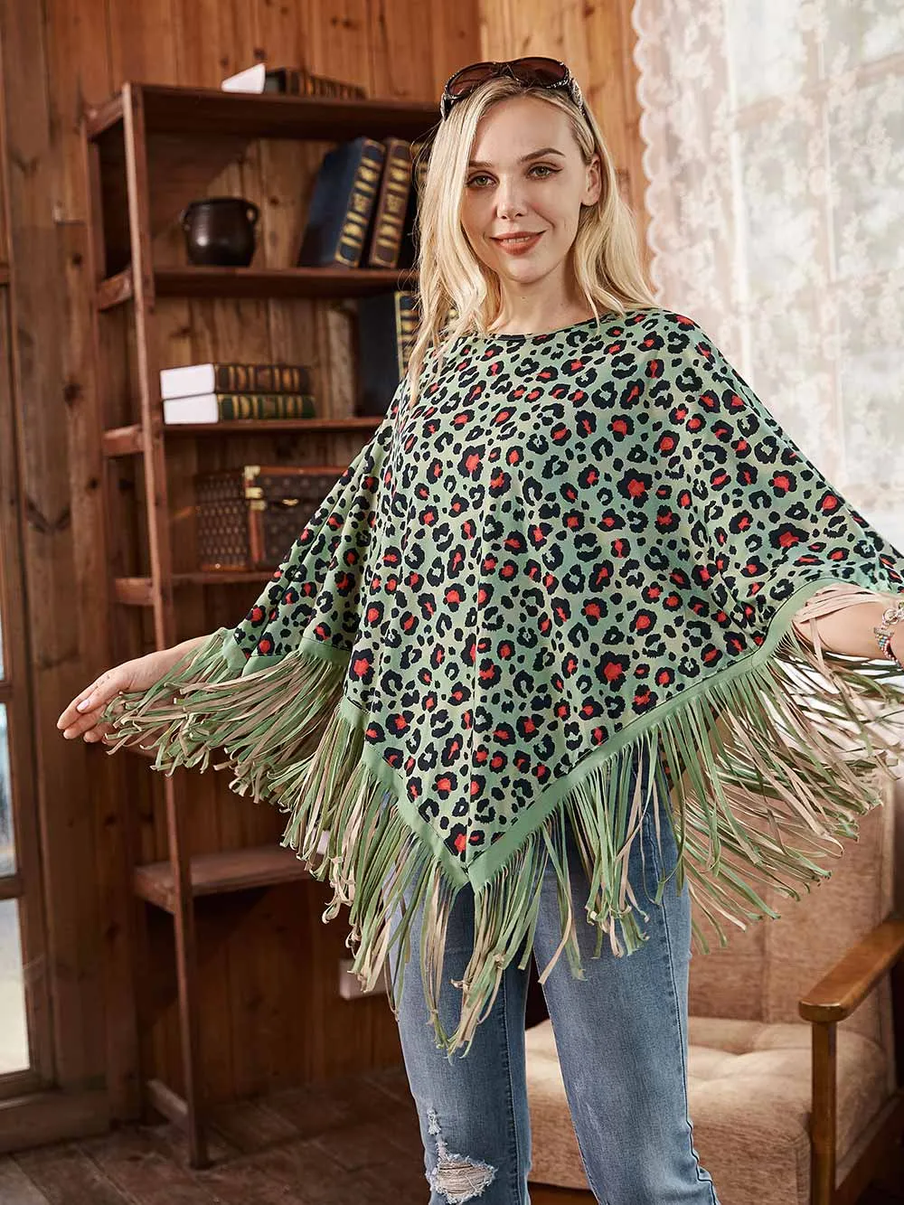 Montana West Turquoise Leopard Fringe Poncho