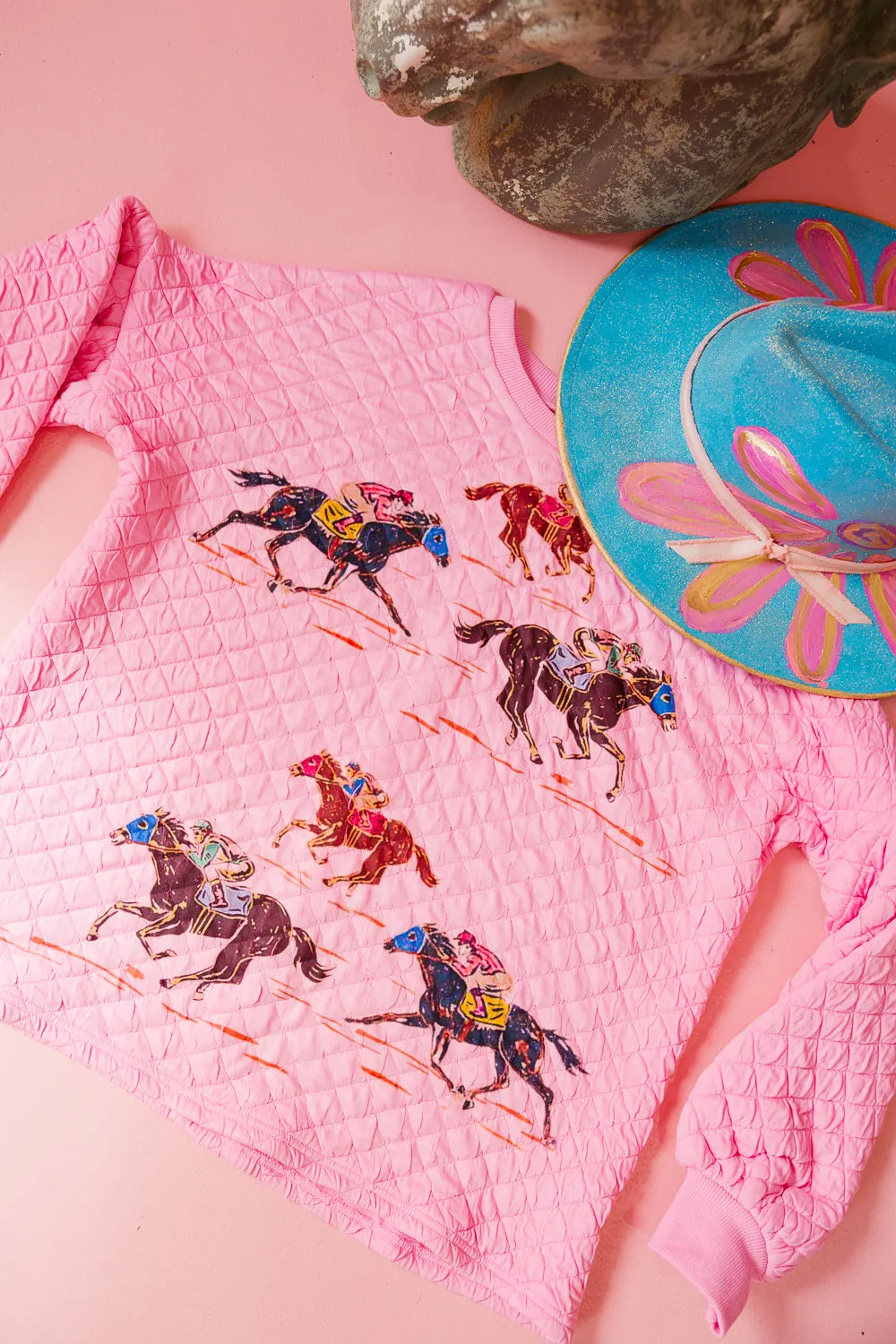 OFF TO THE RACES PINK QUILTED PULLOVER