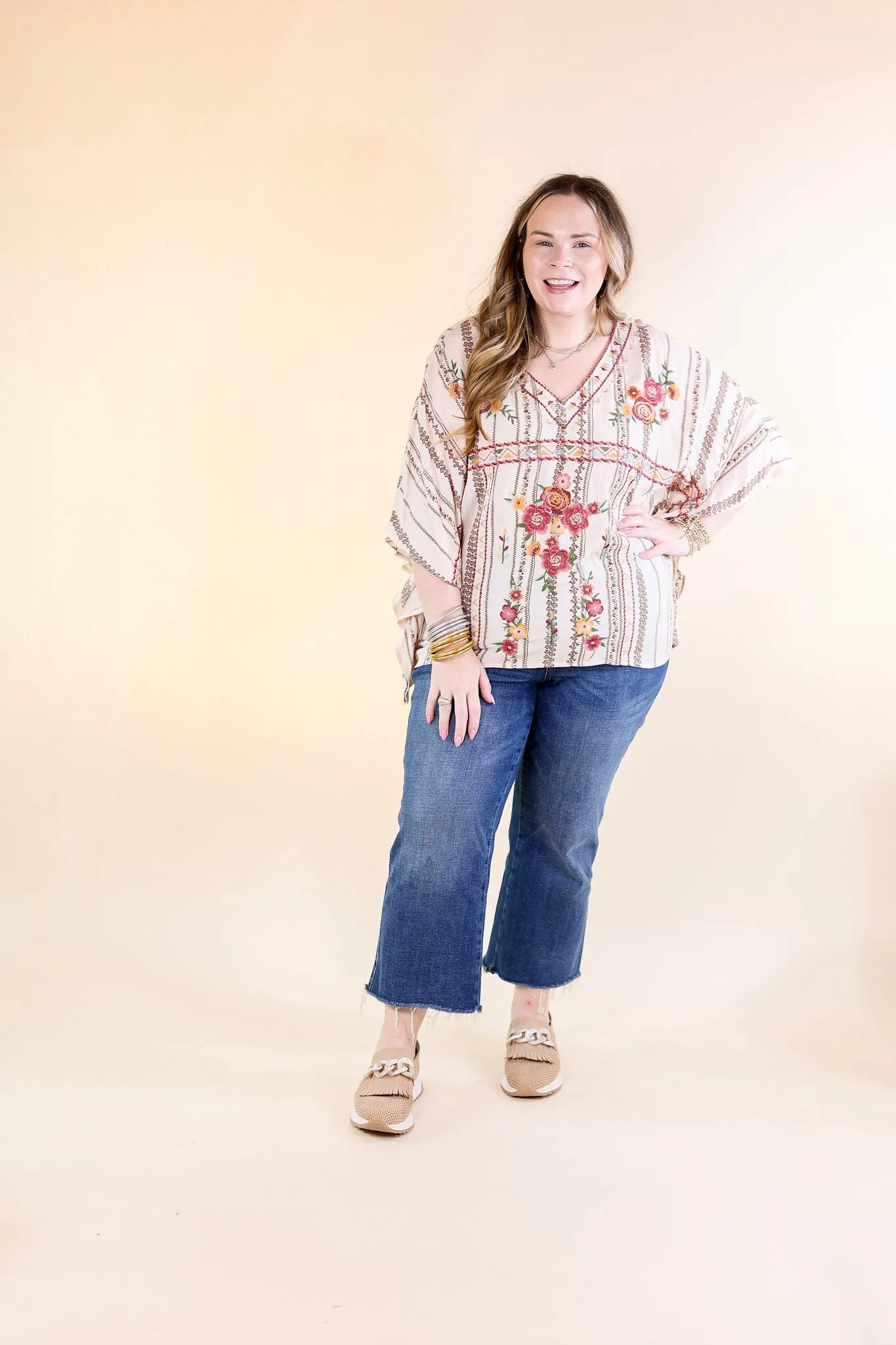 On A High Note Embroidered Poncho Top with V Neck in Ivory