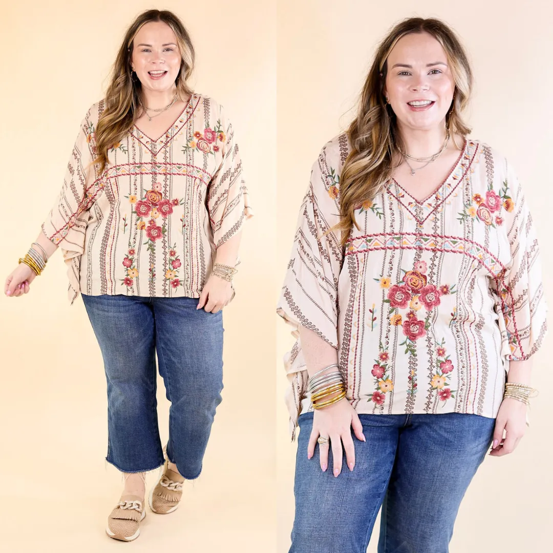 On A High Note Embroidered Poncho Top with V Neck in Ivory