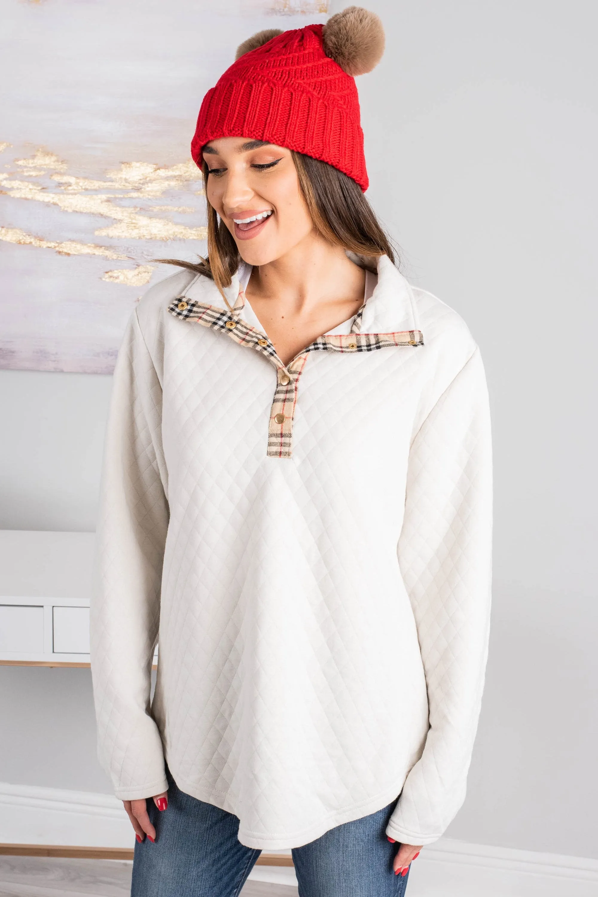 Out And About Ivory White Quilted Pullover