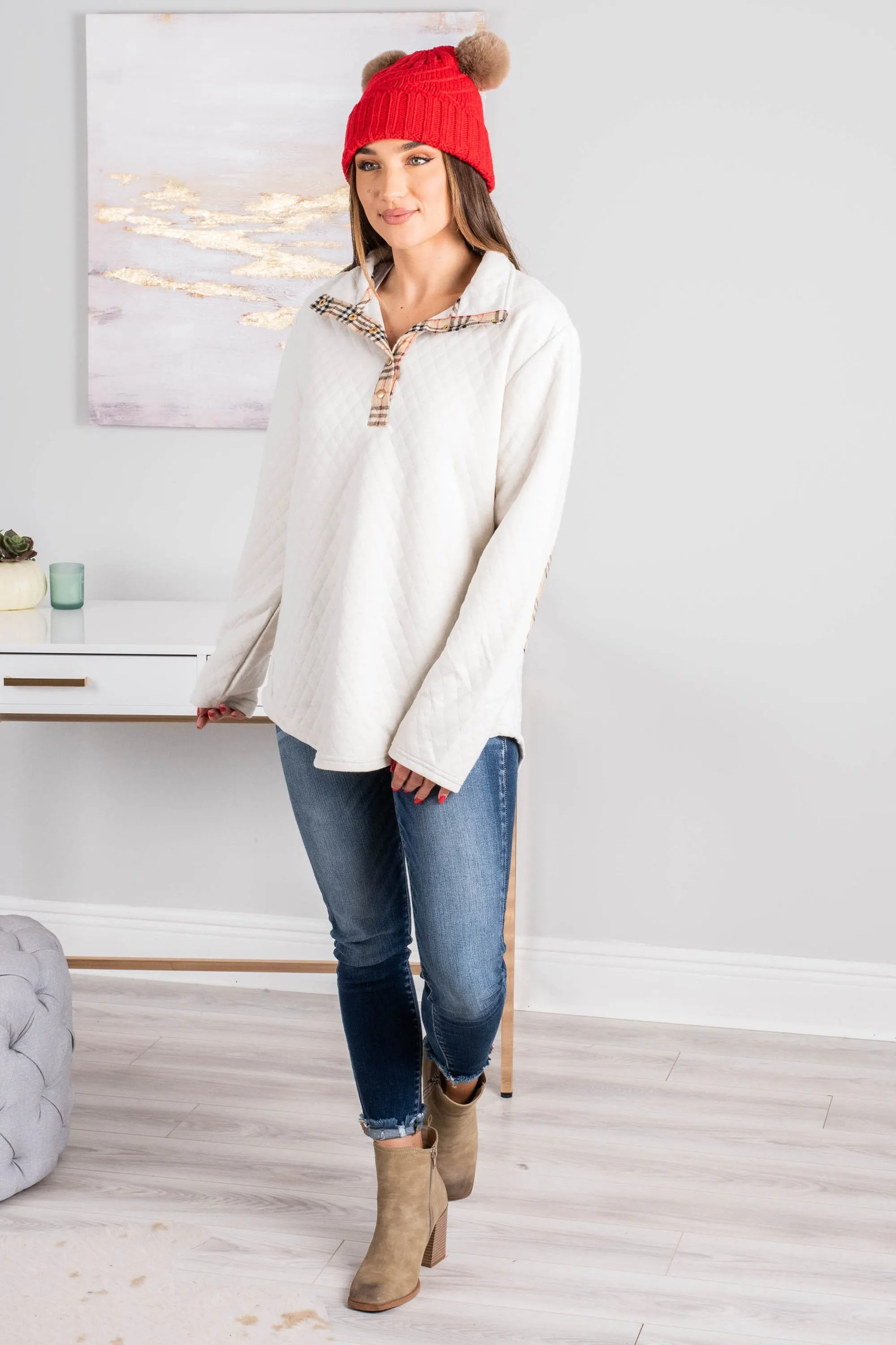 Out And About Ivory White Quilted Pullover