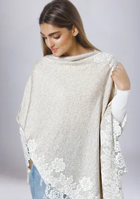 Petite Oatmeal Mélange Knitted Wool Poncho with Ivory Chantilly Lace