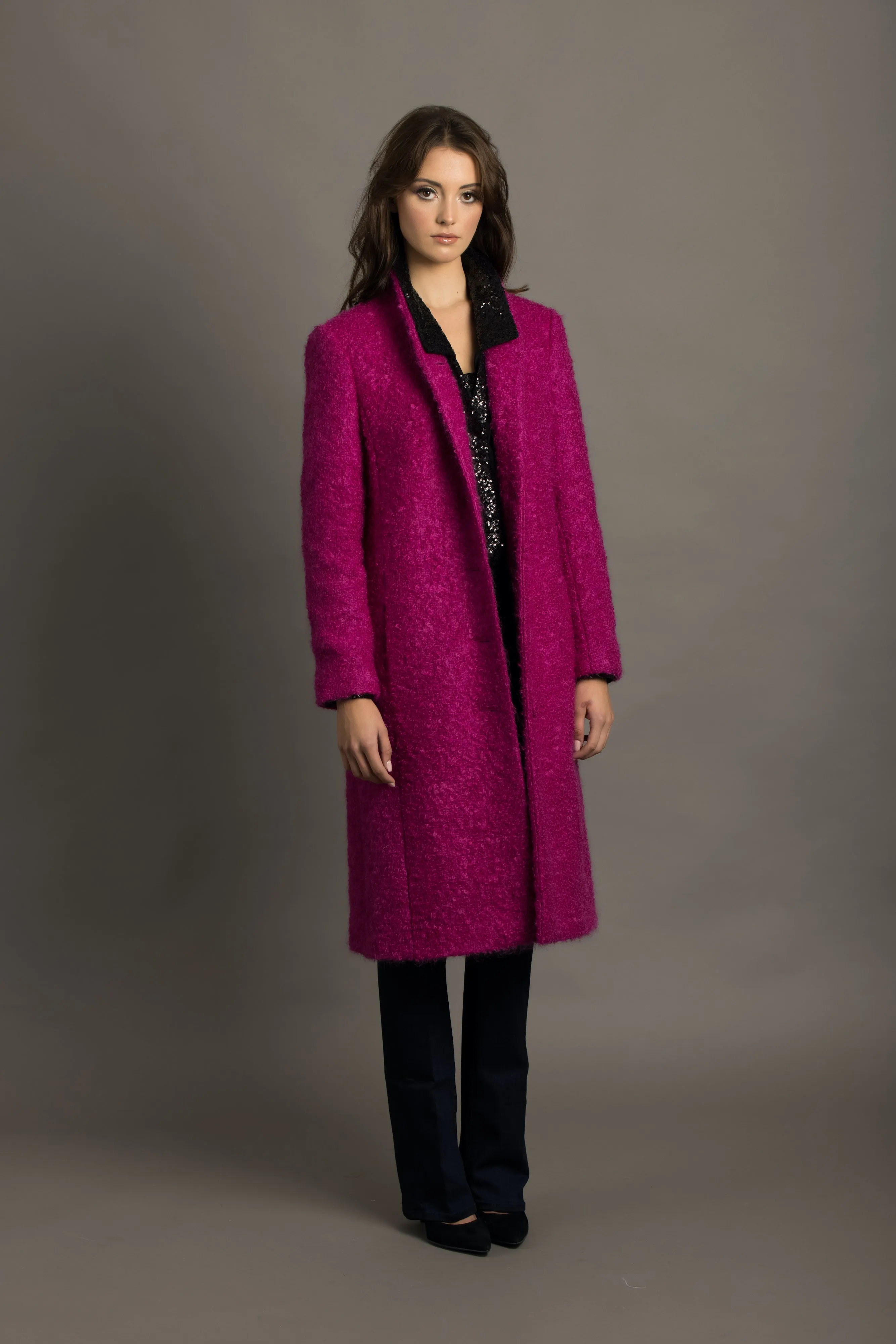 Pink Boucle Wool-Ladies single breasted coat.