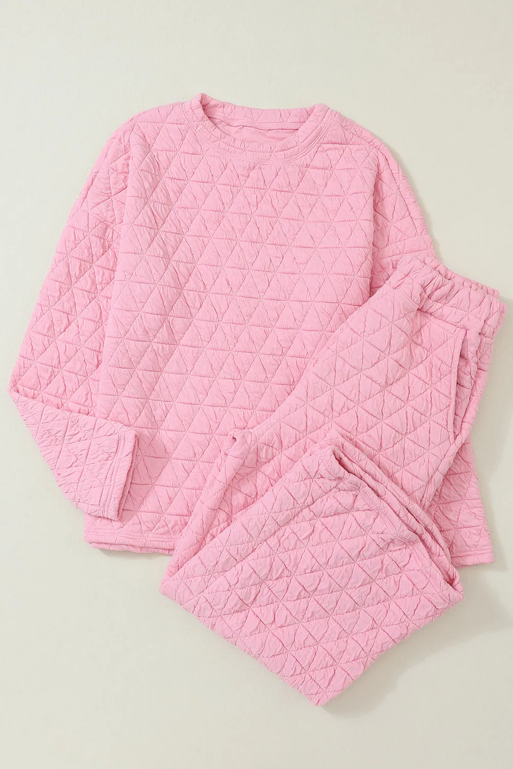 Pink Solid Quilted Pullover and Pants Outfit