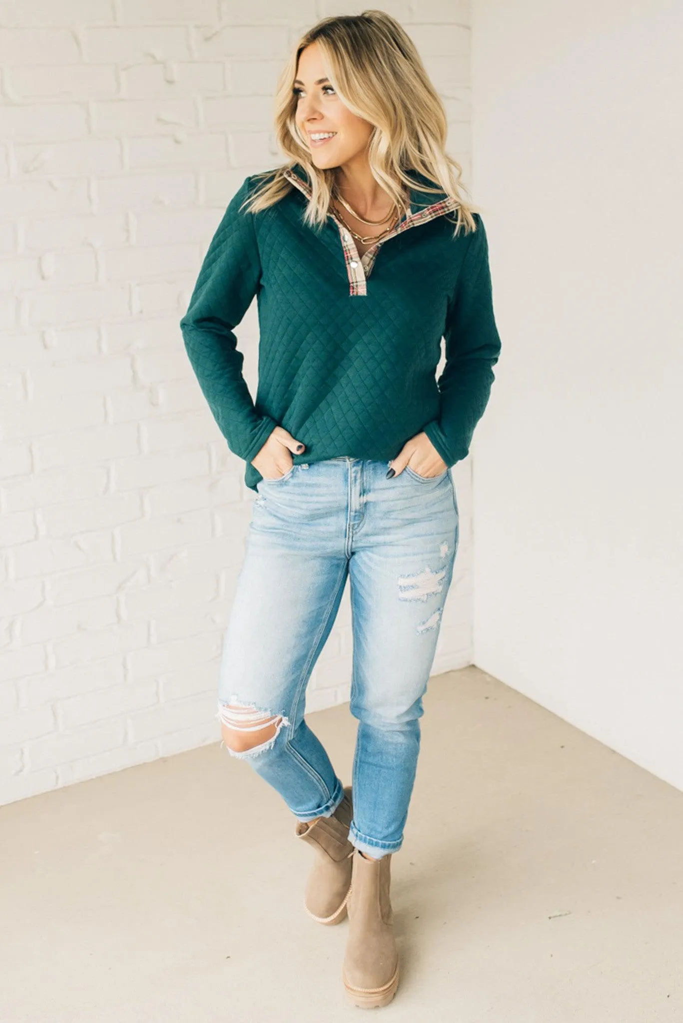 Plaid Trim Quilted Pullover