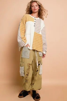 POL OVERSIZED Ribbed Knit and Quilted Top in Cream Multi