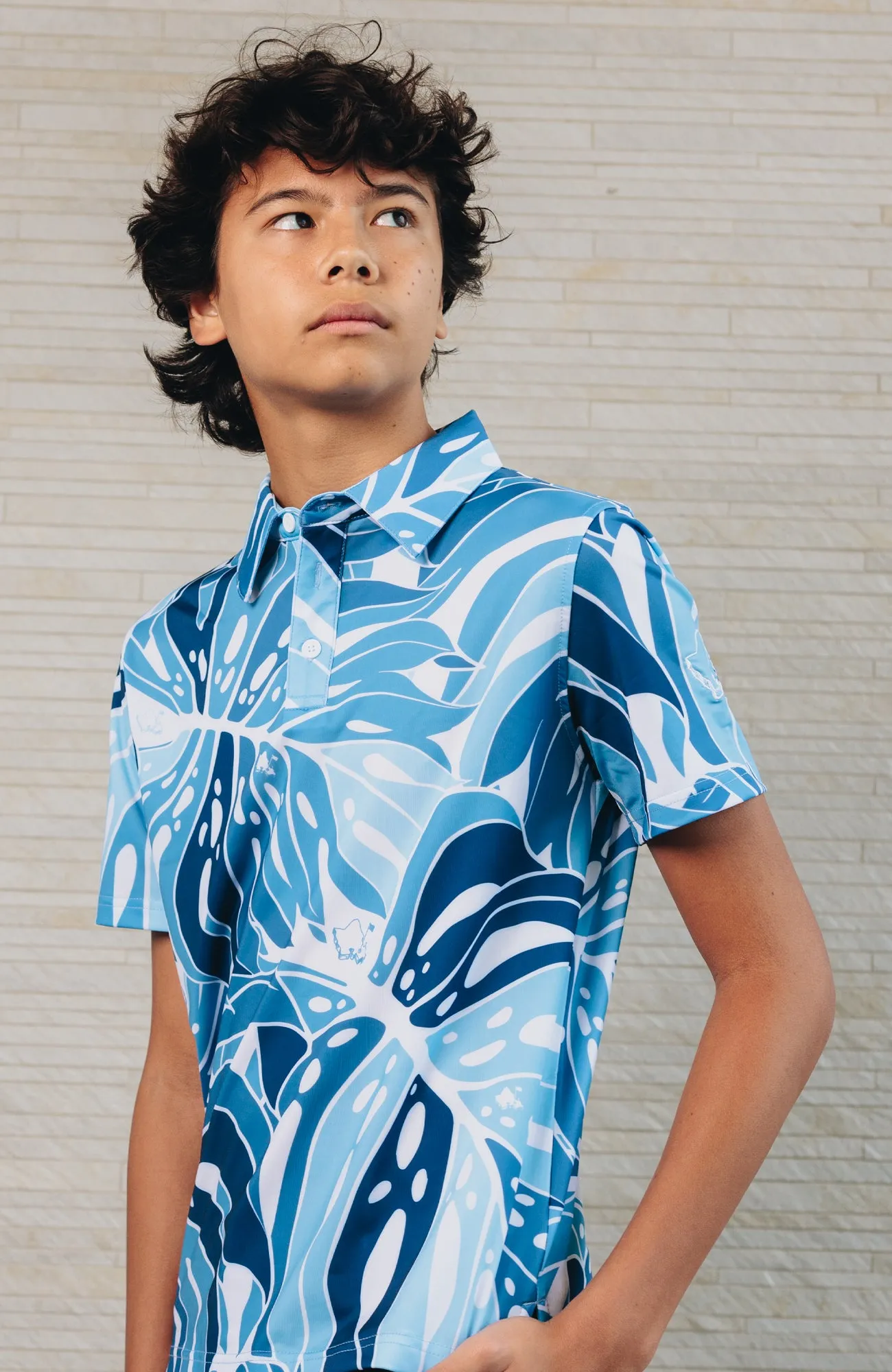 "Monstera 2.0" Variegated Slate - OGA Youth Polo - Slate Blues