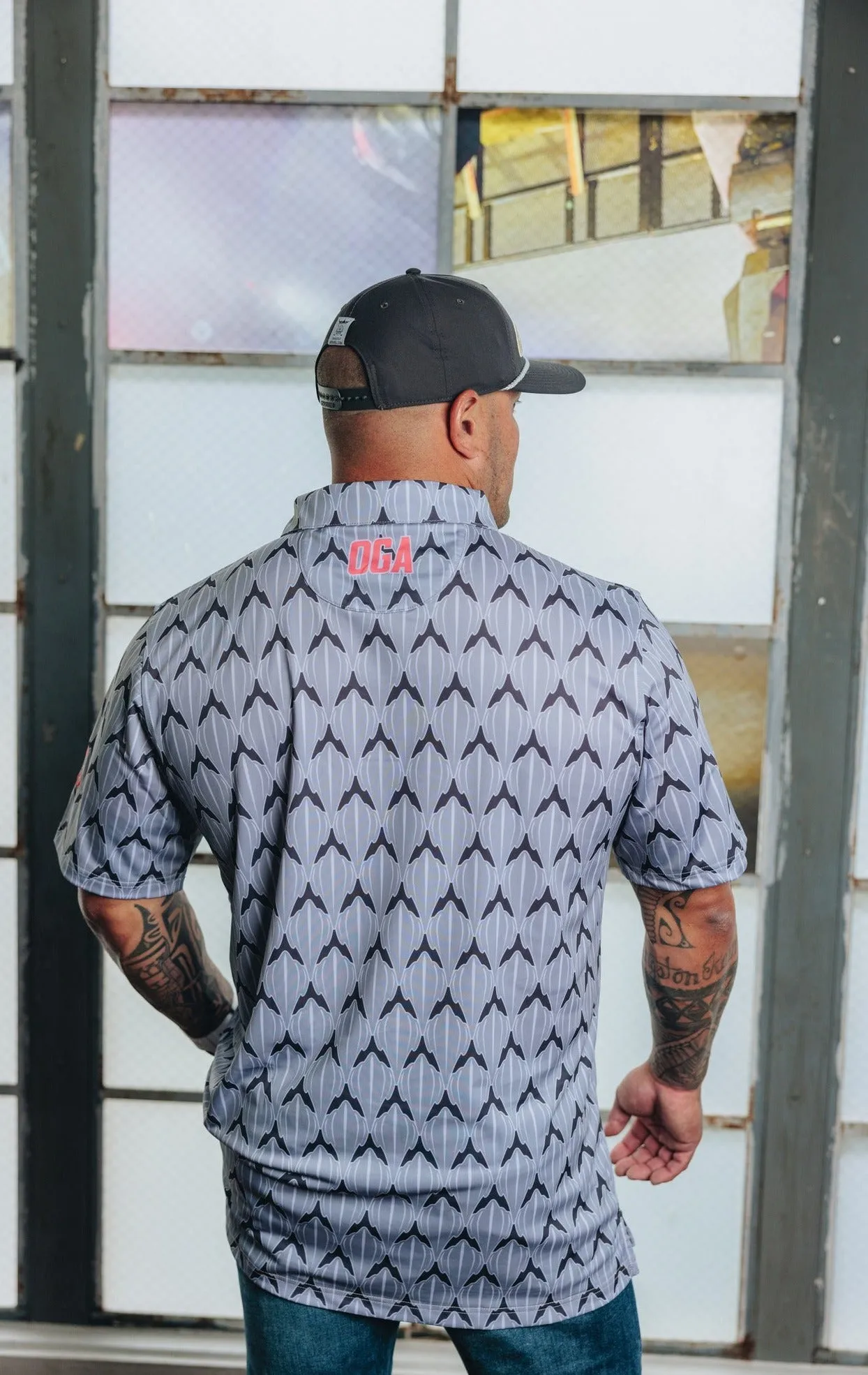 "Shark Skin" Steel Gray - OGA Men's Polo - Steel Gray / Coral Pop