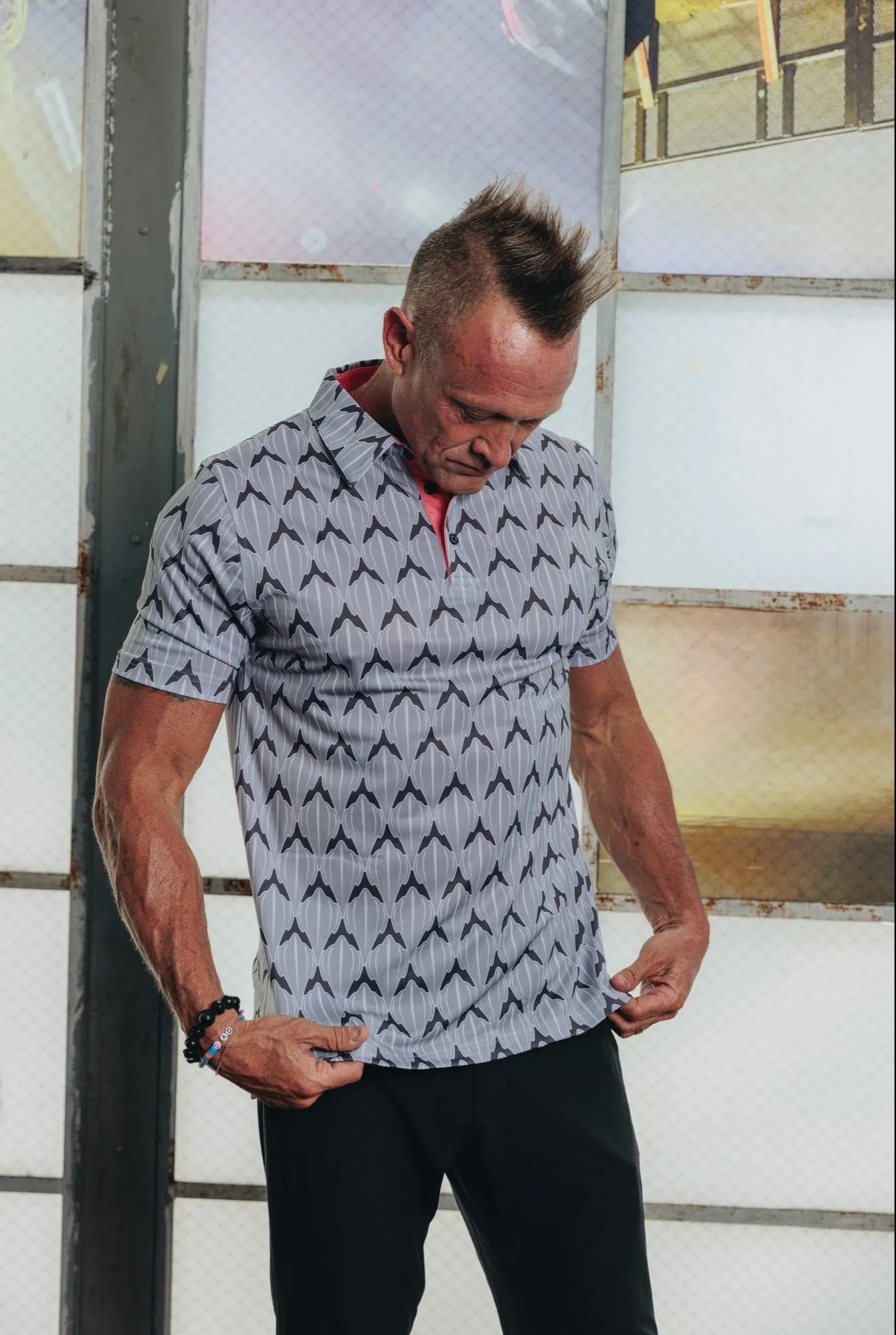 "Shark Skin" Steel Gray - OGA Men's Polo - Steel Gray / Coral Pop