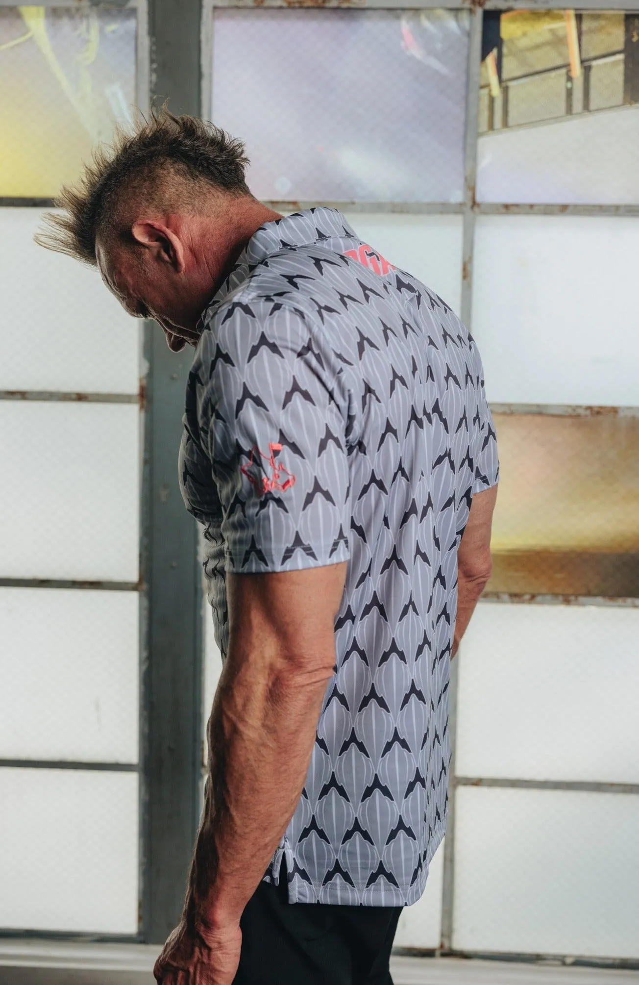 "Shark Skin" Steel Gray - OGA Men's Polo - Steel Gray / Coral Pop