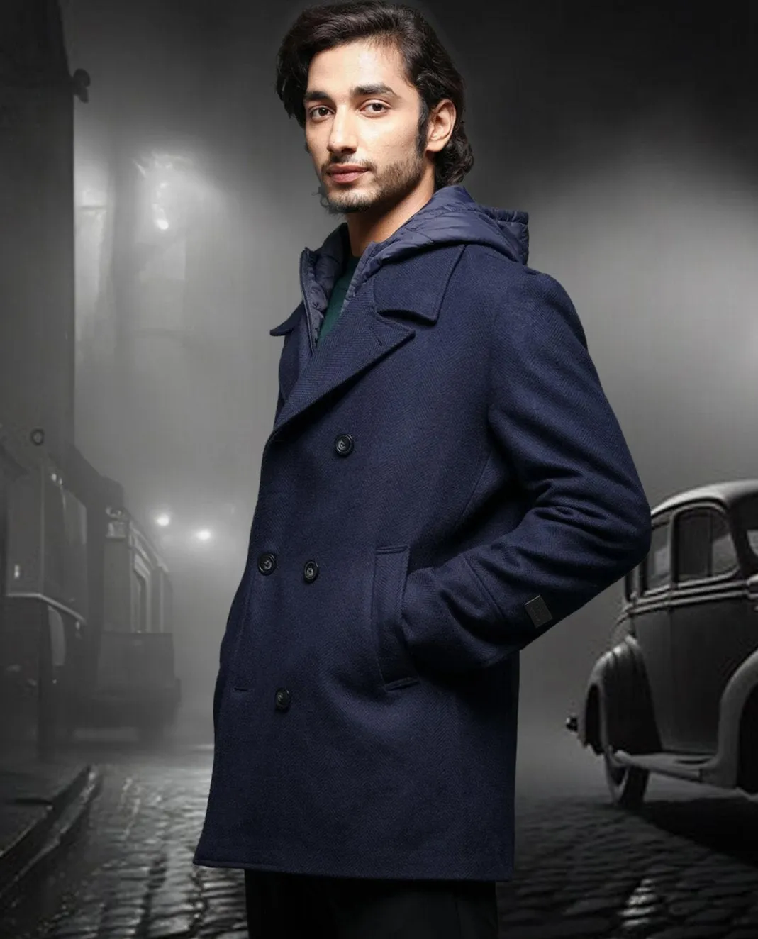 Rare Rabbit Men's Dubby Dark Navy Broad Notch Lapel Hooded Jacket