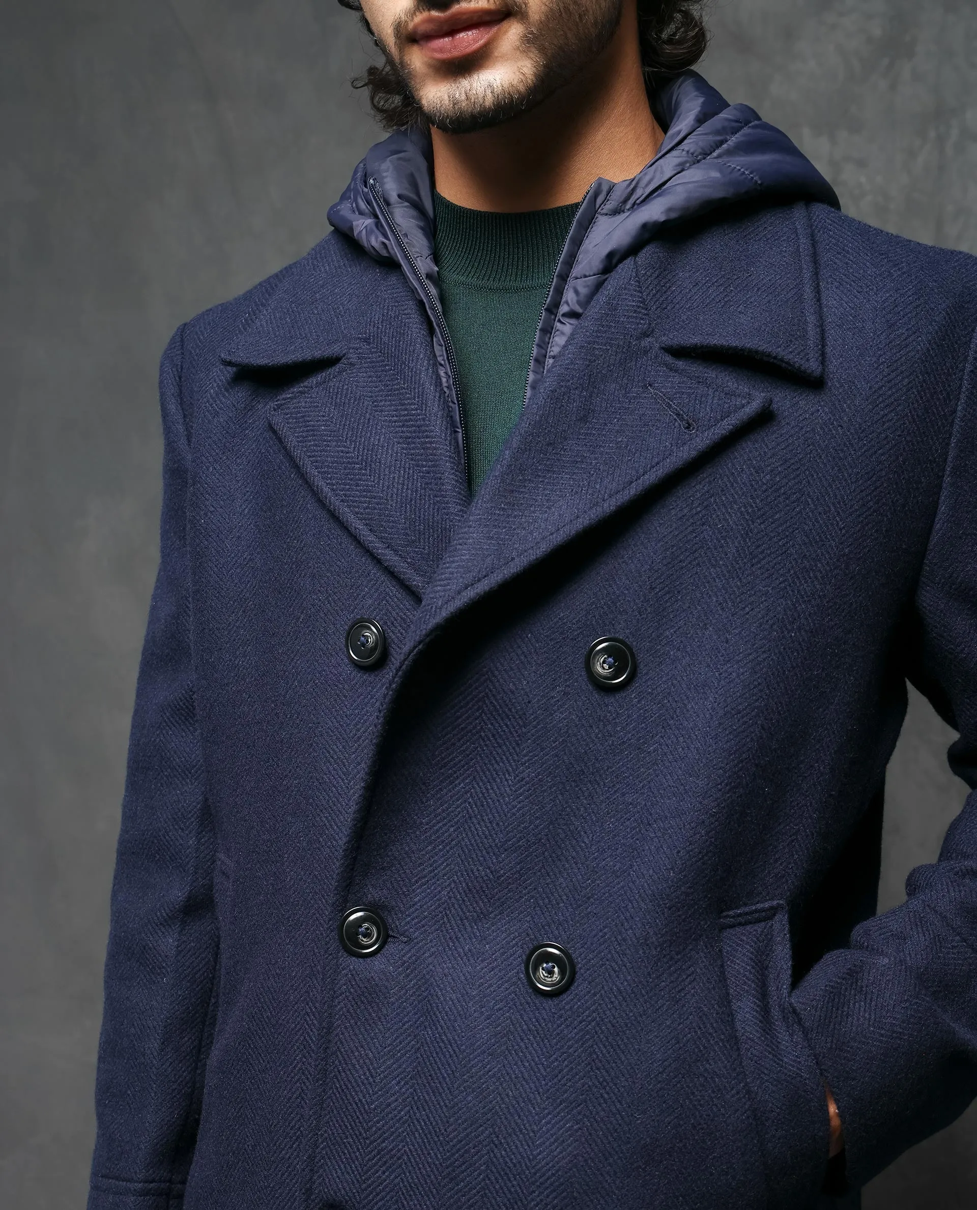 Rare Rabbit Men's Dubby Dark Navy Broad Notch Lapel Hooded Jacket