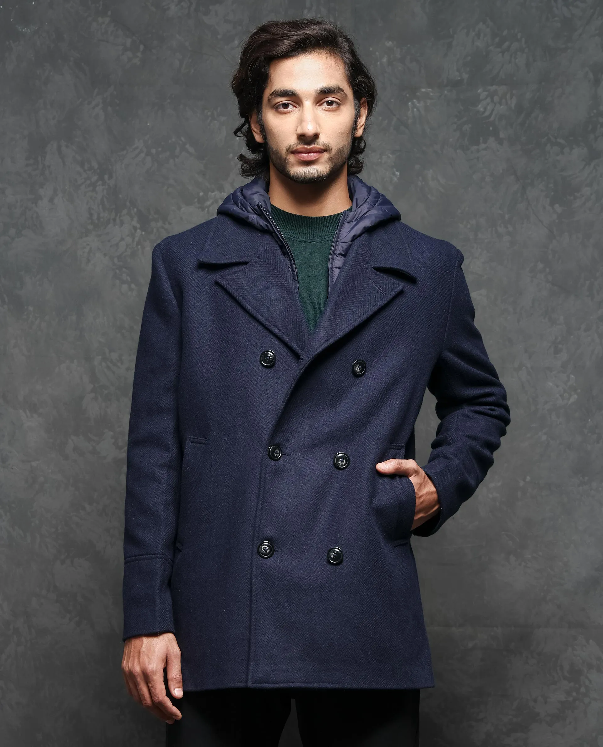 Rare Rabbit Men's Dubby Dark Navy Broad Notch Lapel Hooded Jacket