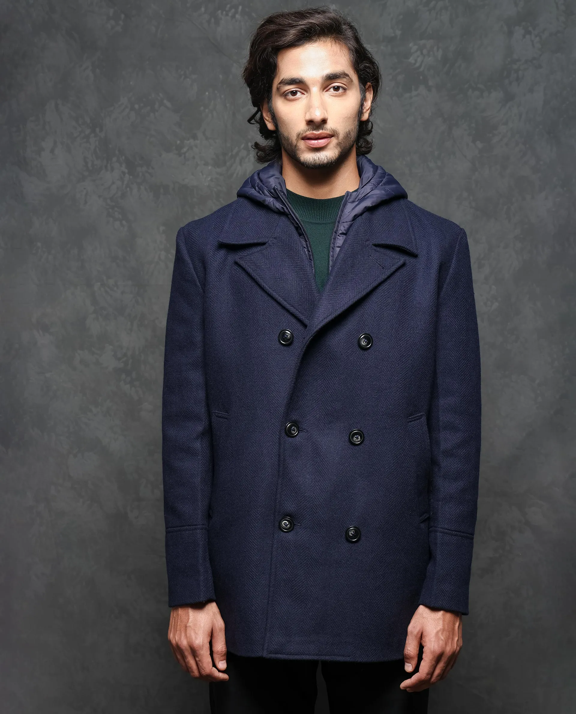 Rare Rabbit Men's Dubby Dark Navy Broad Notch Lapel Hooded Jacket