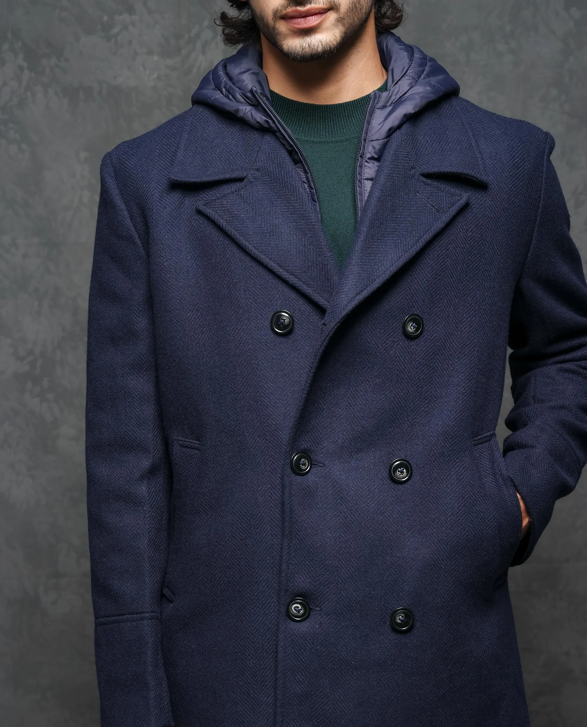 Rare Rabbit Men's Dubby Dark Navy Broad Notch Lapel Hooded Jacket