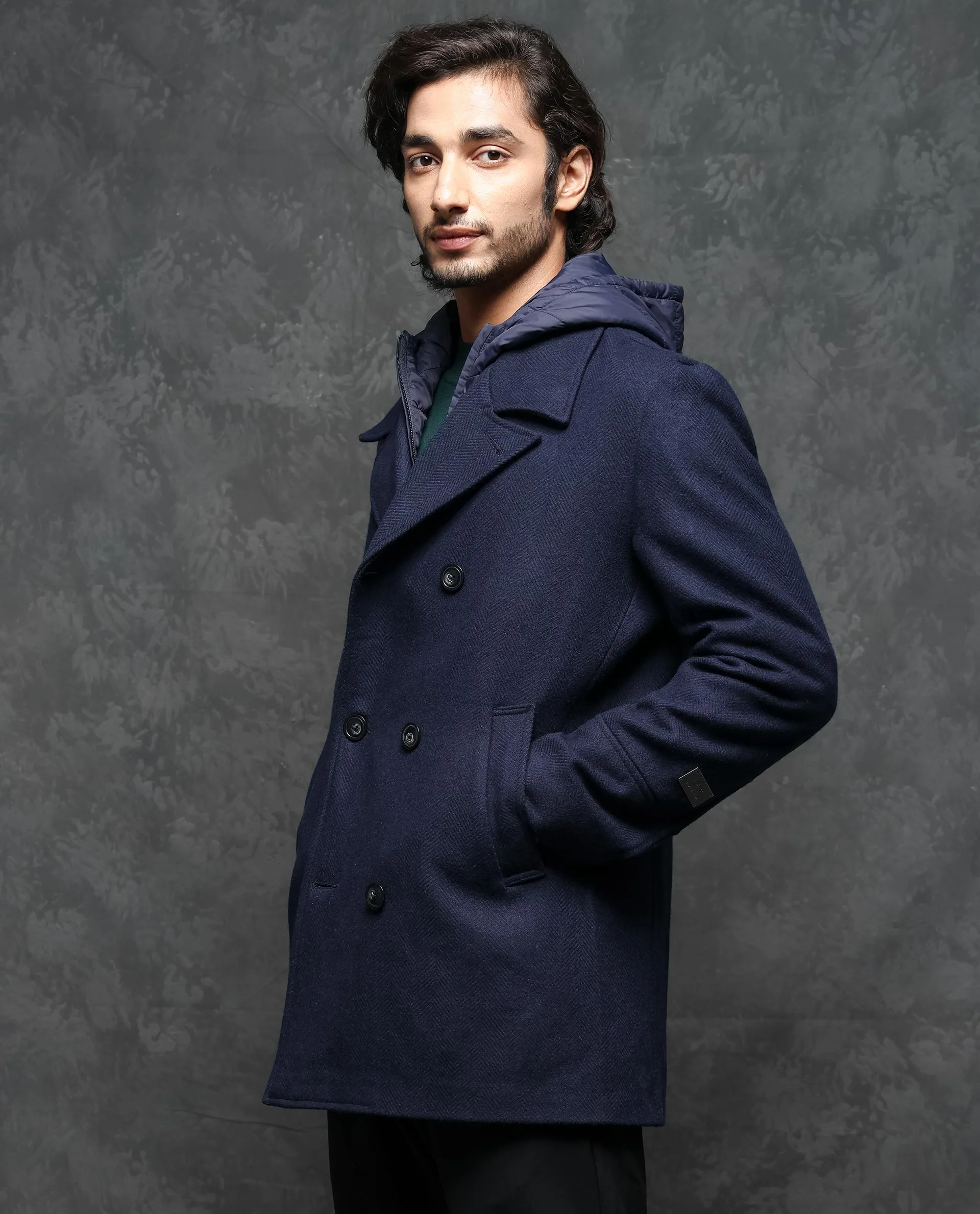 Rare Rabbit Men's Dubby Dark Navy Broad Notch Lapel Hooded Jacket