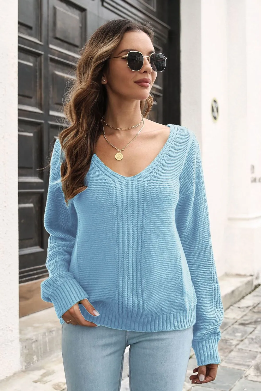 Ribbed Scoop Neck Long Sleeve Pullover Sweater