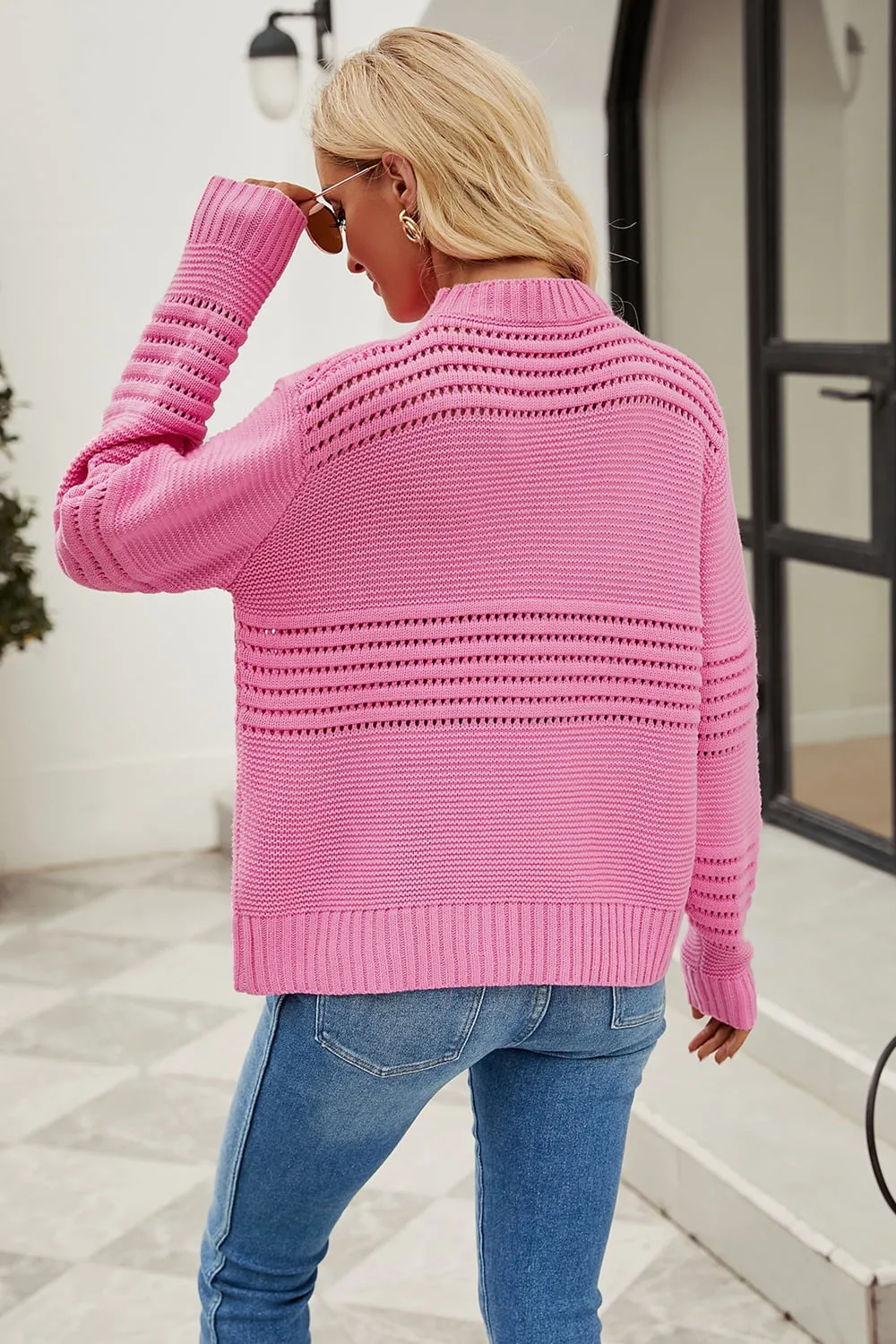 Round Neck Openwork Long Sleeve Pullover Sweater