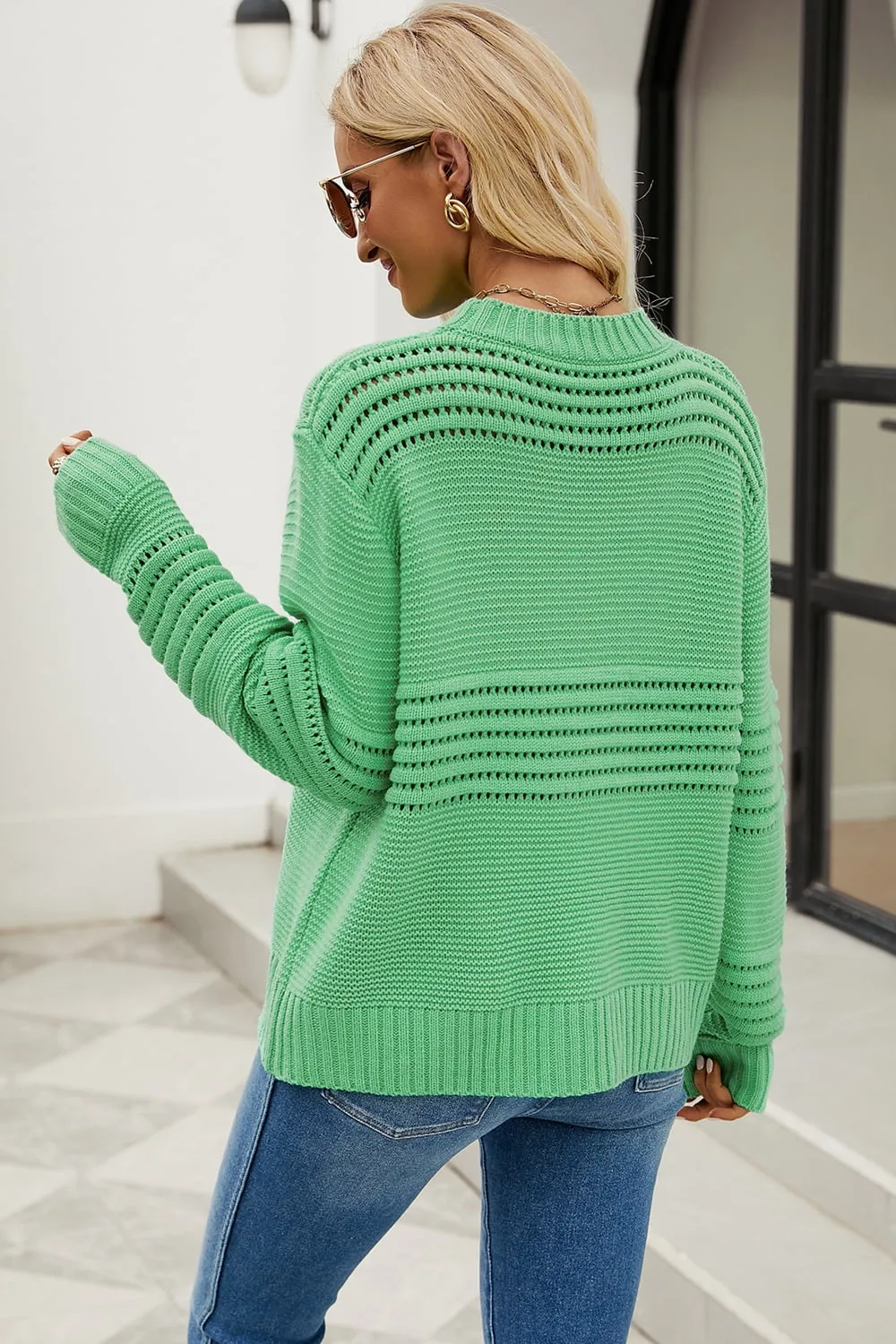 Round Neck Openwork Long Sleeve Pullover Sweater