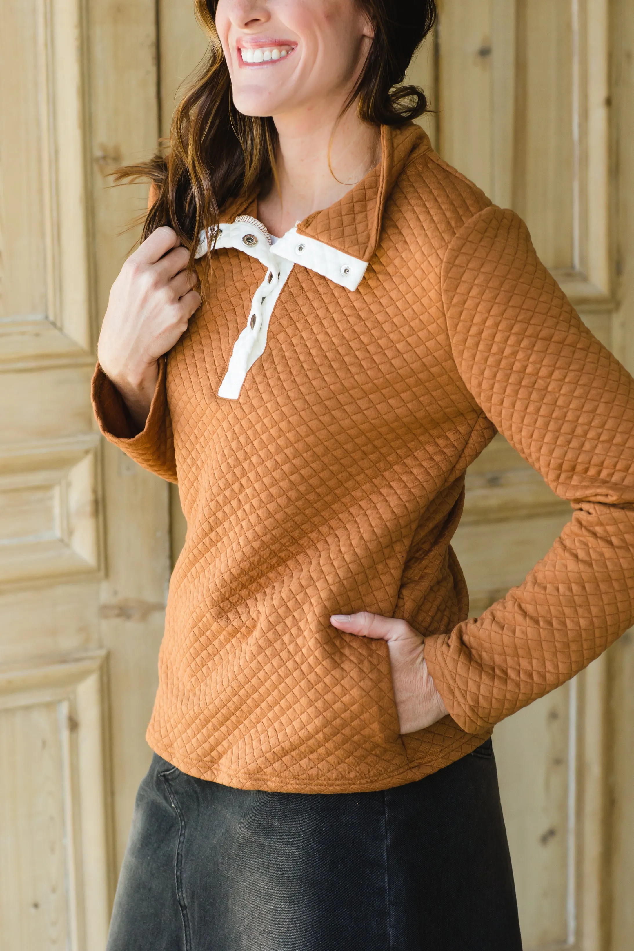 Rust Quilted Button Up Pullover - FINAL SALE