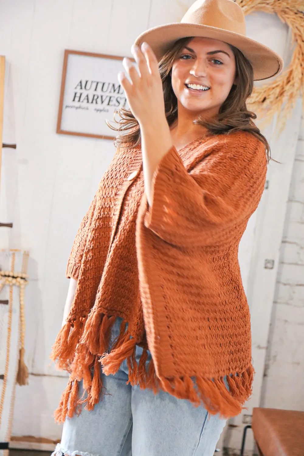 Rust V Neck Button Down Tassel Fringed Hem Poncho