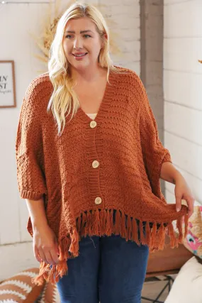 Rust V Neck Button Down Tassel Fringed Hem Poncho