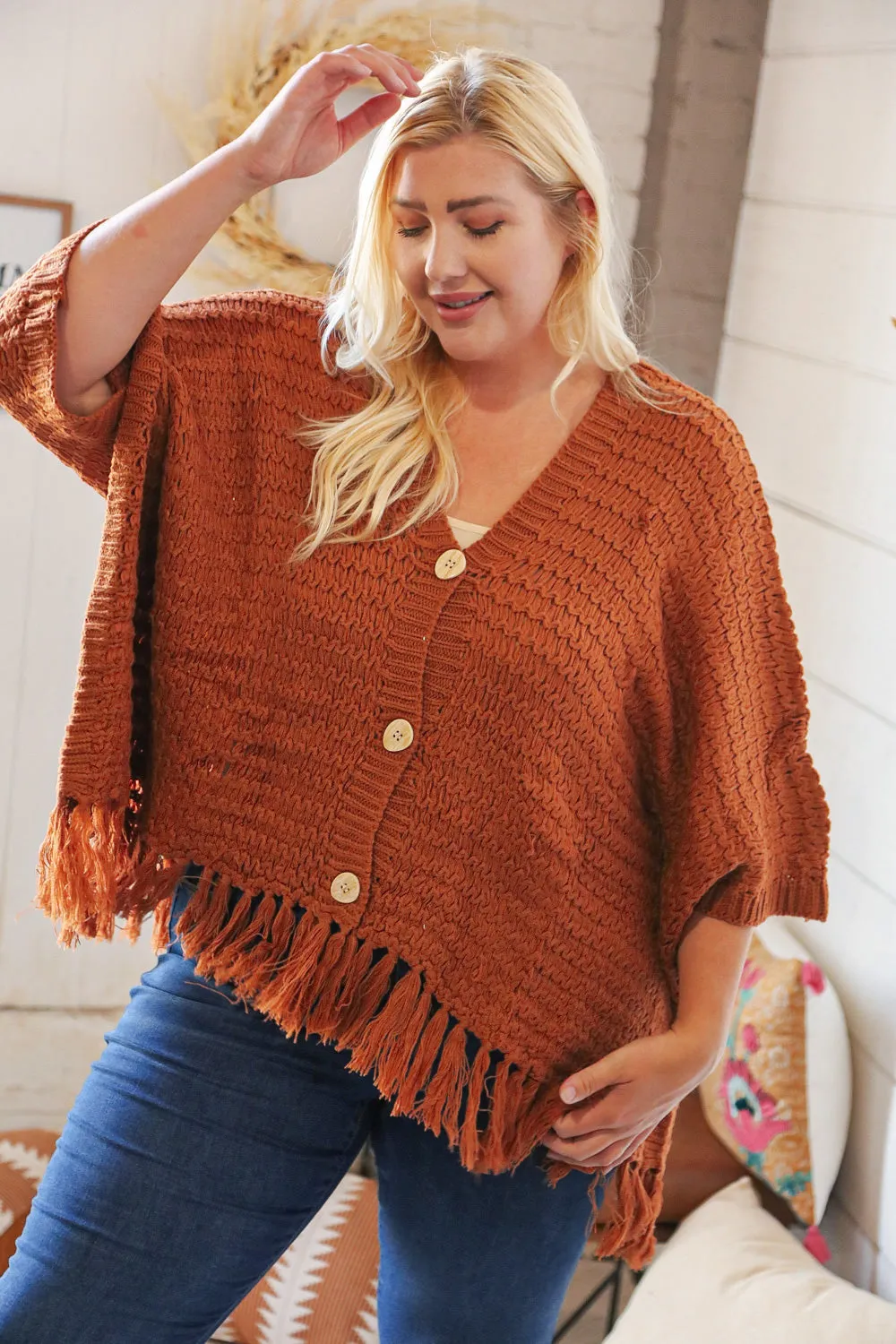 Rust V Neck Button Down Tassel Fringed Hem Poncho